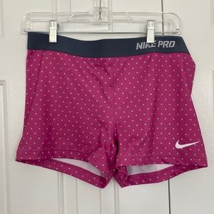 Pink with silver polka dots. Nike Pro Dri-Fit Stay Cool, base layer bike shorts.